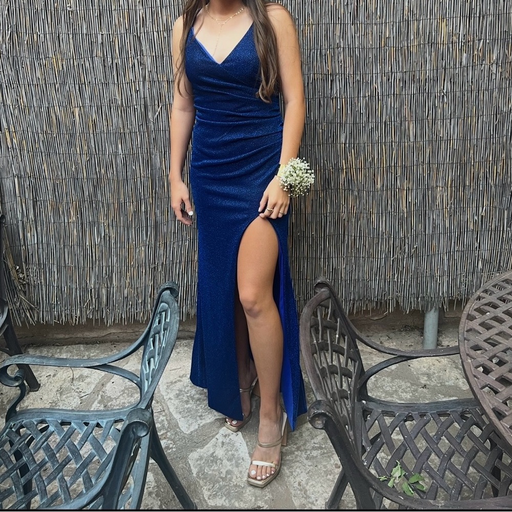 Sparkling Deep Blue Ruched V-Neck Prom Gown with High Slit